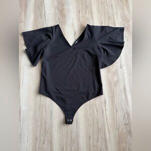Express Black Bodysuit XL | Deep V-Neck Front & Back | Ruffle Sleeve Stretch Top